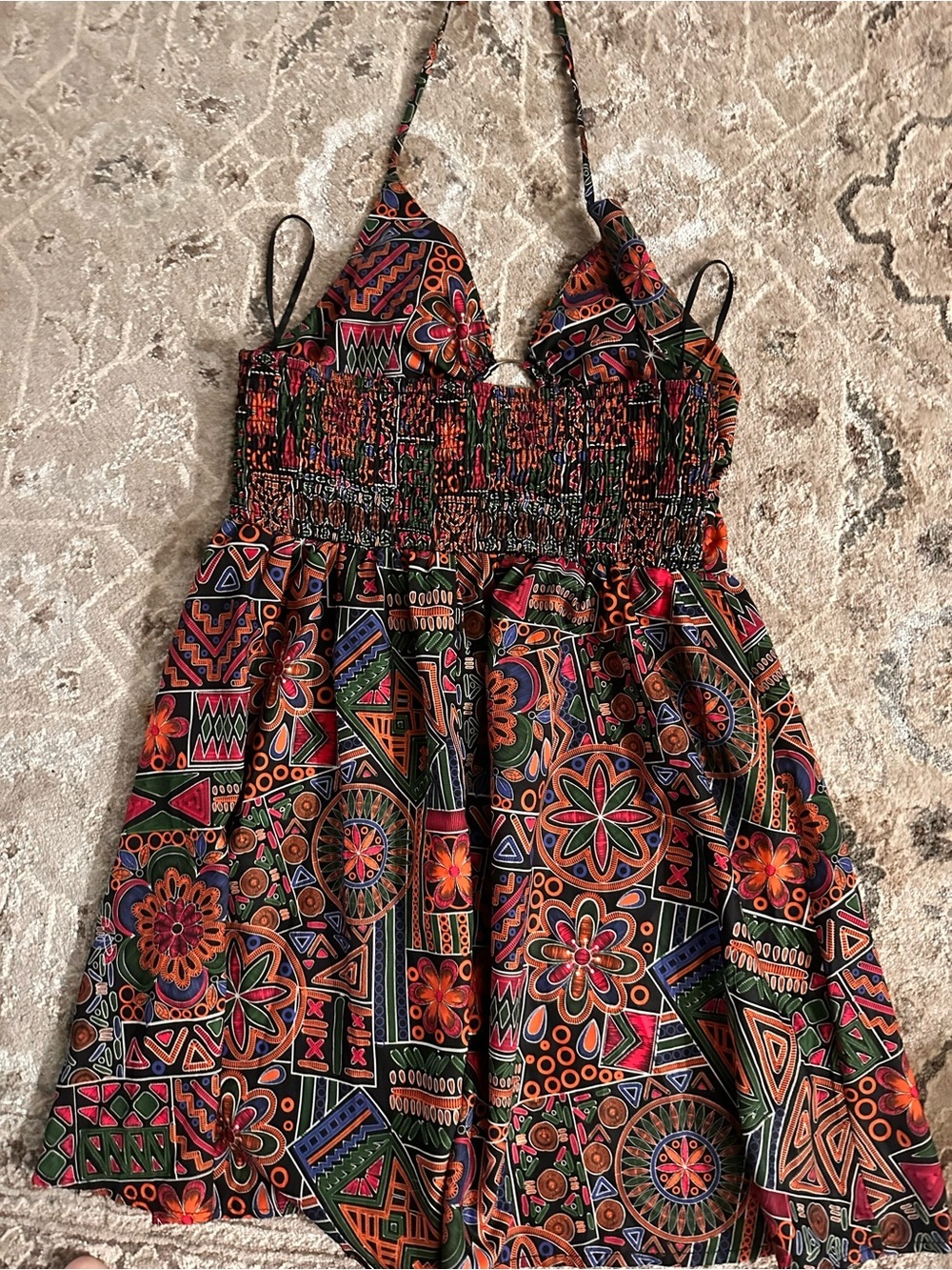 Boho Tribal Print Halter Dress | Cutout Sundress | Festival Vacation Resort Mini - Picture 4 of 6